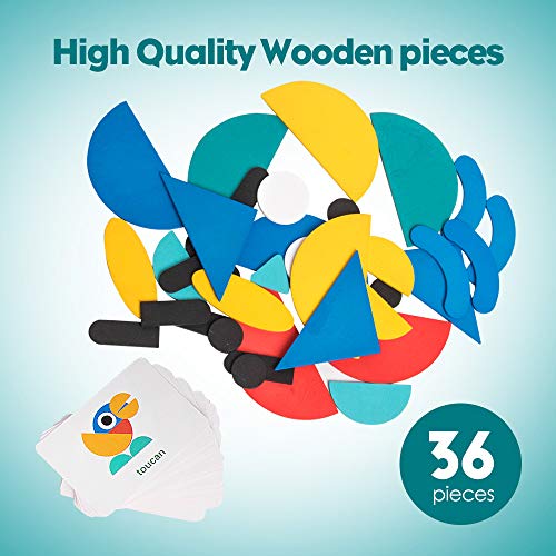 Wooden Pattern Blocks Tangram Shape Puzzle Set Color Sorting Stacking Game Wood Animal Jigsaw Preschool Montessori Brain Teaser STEM Gift for 3 4 5 Years Old Toddler Kid (60 Pattern Cards)