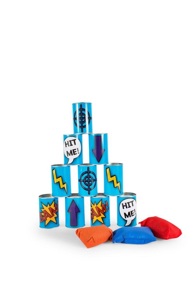 BS Toys Can Throwing game - Garden & Outdoors game - Suitable for children from 3 years - With 10 Blue tin cans and 3 throw bags - One Size