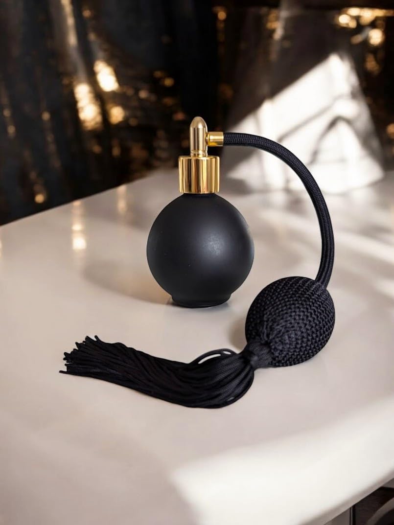 Matt Black Glass 78ml Round Perfume Bottle Atomizer, Black Pump Tassel. Filling Funnel & Gift Box Included (GF)