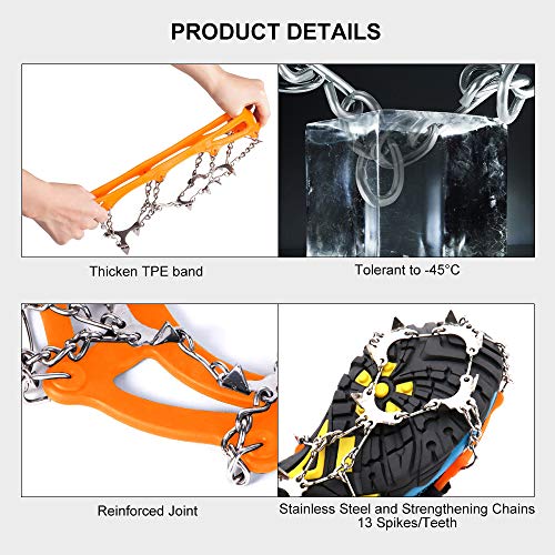 LeanKing Ice Snow Grips, Traction Cleats Ice Cleats with 18 Spikes for Walking, Jogging, Climbing and Hiking on Snow, Ice, Mud, Sand and Wet Grass (Orange (13 Spikes), S)