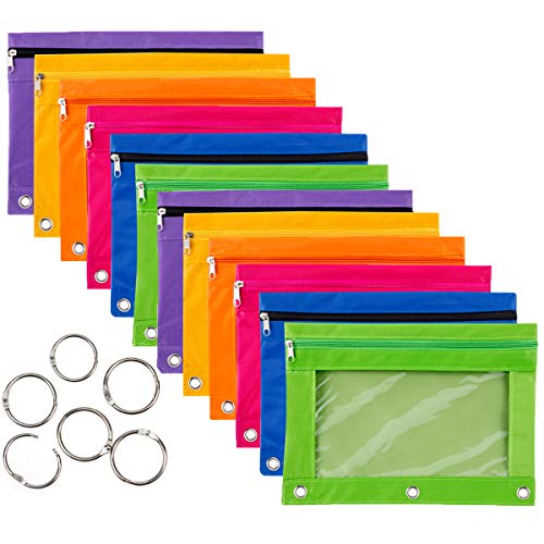 12 Pieces Binder Pencil Pouch with Zipper Pulls 3-Ring with Clear Window Pencil Case with Binder Rings