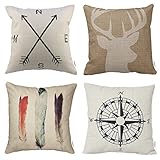 4 Packs Hippih Cotton Linen Sofa Home Decor Design Throw Pillow Case Cushion Covers 18 X 18 Inch ,1x Deer Antlers + 1x Feathers + 1x Compass + 1x Navigation Compass