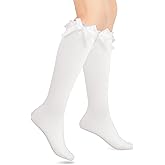 Lusofie Women‘s White Knee High Socks - Lace Trim & Bow Detail Victorian Style Socks, Stretchy Comfortable Over The Knee Sock for Women Girls, Vintage Romantic Fashion, Daily & Costume