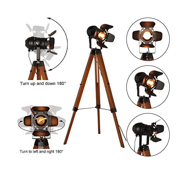 Barcelona LED Vintage Stehleuchte Tripod Stehlampe Deckenfluter im Cinema Stil, mit Dreifuß aus Holz Stativ Holz… – Bild 6