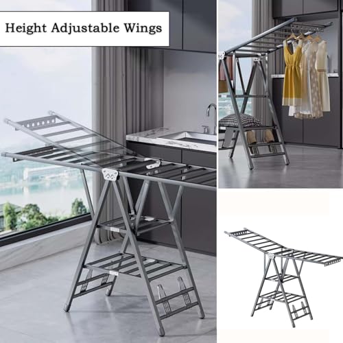MOZOGOT Folding Clothes Drying Rack with 4 Shoe Holder, 3-Layer Foldable Laundry Clothes Dryer Rack Free-Standing Dryer Rack with Wheels Height Adjustable for Indoor & Outdoor Use, Windproof (180CM)