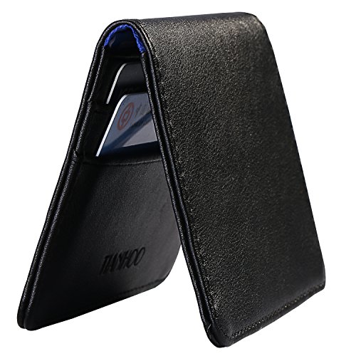 Mens Slim Wallet Genuine Leather Small Bifold Front Pocket Wallets ID Window RFID Black