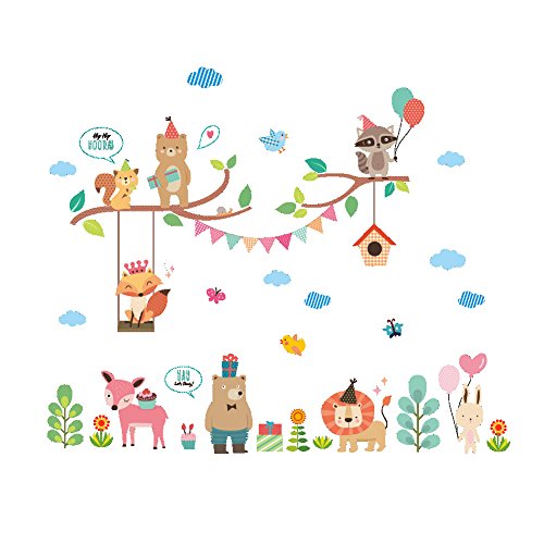 BIBITIME Animal Party Wall Decal Squirrel Bear on Tree Swing Queen Fox Balloon Raccoon Flag Branches Birdcage Butterfly Plant Flower Cake Deer Gifts Lion Heart Rabbit Vinyl Sticker for Nursery Bedroom