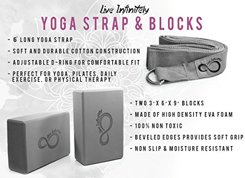 Premium Yoga Blocks & Metal D Ring Strap Yogi Set (3PC) 2 High Density EVA Foam Blocks to Support & Deepen Poses, Improve Strength & Flexibility- Lightweight, Odor & Moisture Resistant (Dark Grey)