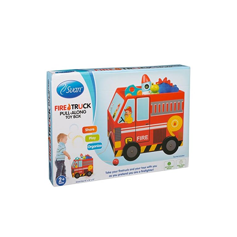 Wooden Pull Along Toy Box Solid Wood Wagon Fire Truck (12X16X13 inches) Epic Kids Toys