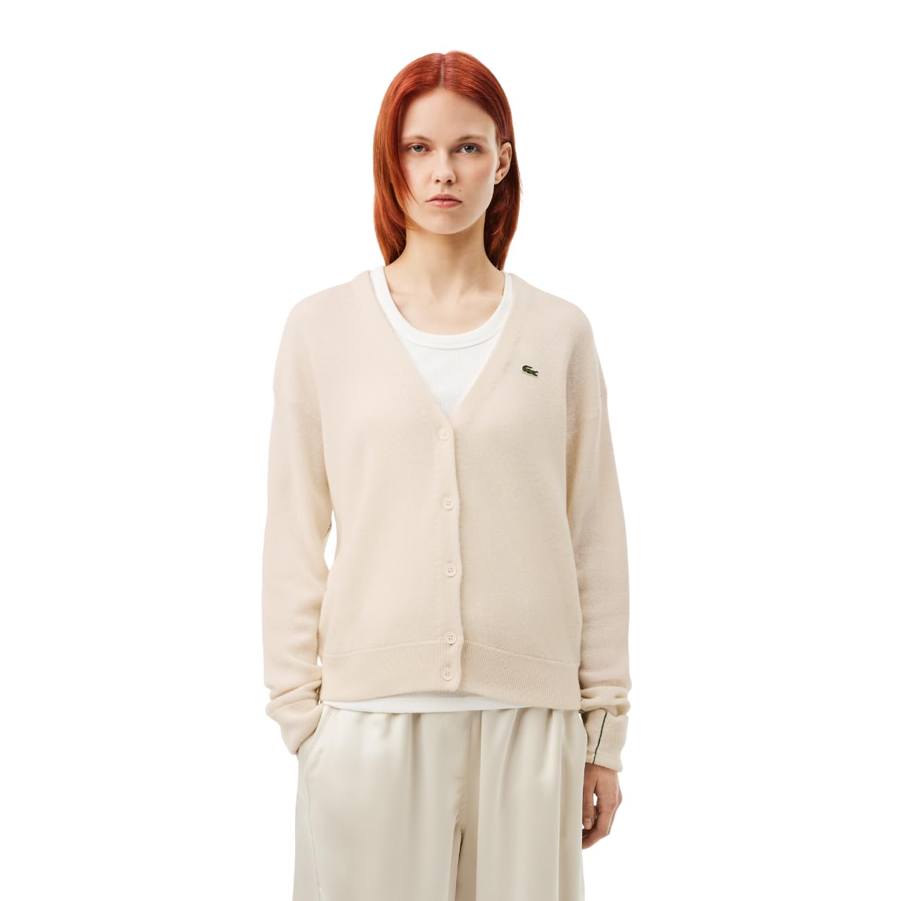 Lacoste Women’s V Neck Wool Cardigan, White, 2
