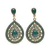 Voberry Women's Retro Bohemia Teardrop Crystal Drop Dangle Earrings (Green)