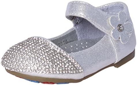 'Leylah Infant Girls Rhinestone and Flower Dress Ballet Flats Dance Shoes, Silver, Size 4'
