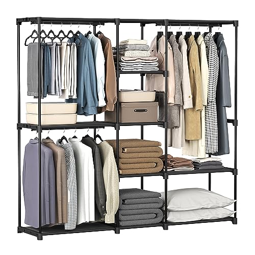 SONGMICS RYG037B02 Wardrobe, Clothes Rack, Wardrobe with Bars, Dressing Room, Fabric Shelves, Metal Frame, 182 x 43 x 182 cm, Black Ink RYG037B02