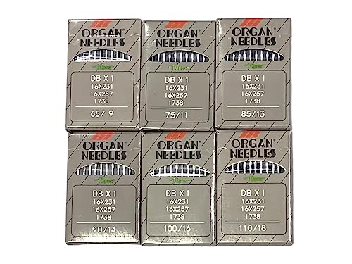 60 PCS Organ Industrial Single Needle DBX1 in Assorted Sizes 9,11,13,14,16,18 Japan Organ Sewing Machine Needles Compatible with/Replacement for JUKI Brand DDL Model and Much More