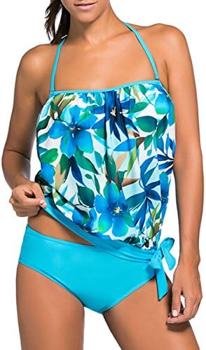 Fover Women's Two Piece Swimsuit Padded Blouson Tankini Set with Triangle Brief
