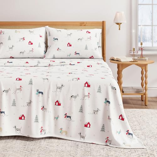 Great Bay Home 100% Turkish Cotton Flannel Sheet Set, Deep Pockets, Soft Christmas Sheets, Warm Anti Pilling Flannel Sheets (Full, Puppies in the Snow)