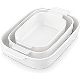 MALACASA Casserole Dishes for Oven, Ceramic Baking Dishes Set of 3, Rectangular Lasagna Pan Deep Baking Pans, Bakeware Sets with Handles Gift Set, White (13.8''/11.7''/9.4''), Series BAKE