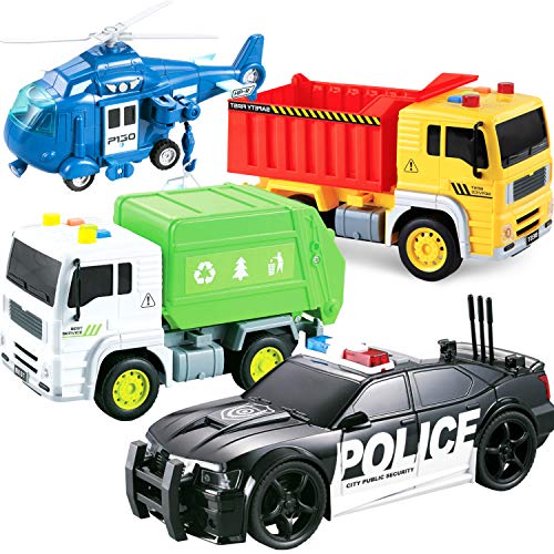 Friction Powered Push and Go Truck Toy - Action City Vehicle Play Set Police Car, Garbage Truck, Construction & Emergency Helicopter Toys for Kids, Boys Ages 2 3 4 5 + Push & Pull w/ Lights & Sounds - Thumbnail 7