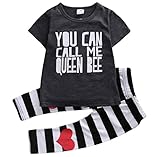 Little Girls "You can call me queen bee" T-shirt and Striped Pants Outfit (90(1-2Y))