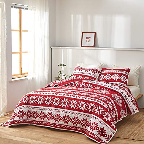 Uozzi Bedding Queen Quilt Set Christmas Red and White Snowflake Style Luxury Lightweight Coverlet Bedspread 1 Reversible Microfiber Quilt with 2 Pillow Shams for Holiday New Year Gift Choice - Thumbnail 4