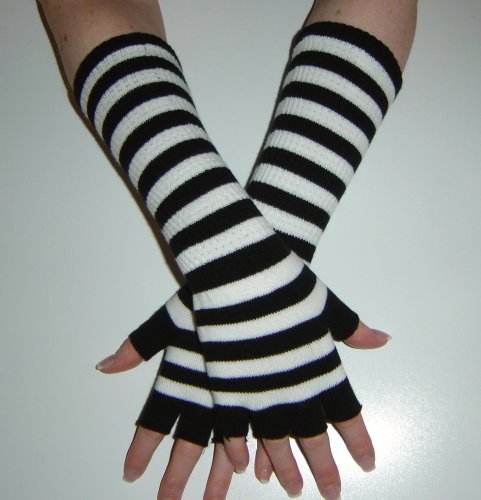 Long Magic Fingerless Gloves - Black and White Stripe - One size