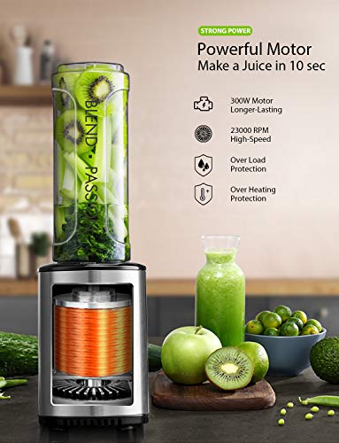 Smoothie Blender, Willsence Personal Blender 300W Single Serve Blender Stainless Steel Smoothie Mixer with BPA Free Travel Bottle and Protective Sleeve, Food Grade Blades