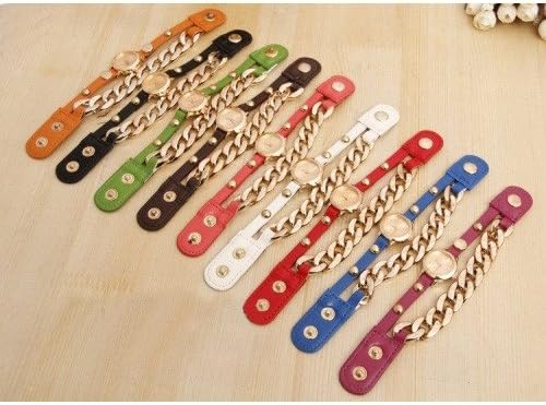 Cow Leather Beaded Alloy Band Gold Dail Vintage Sling Chain Bracelet Quartz Watch - Green