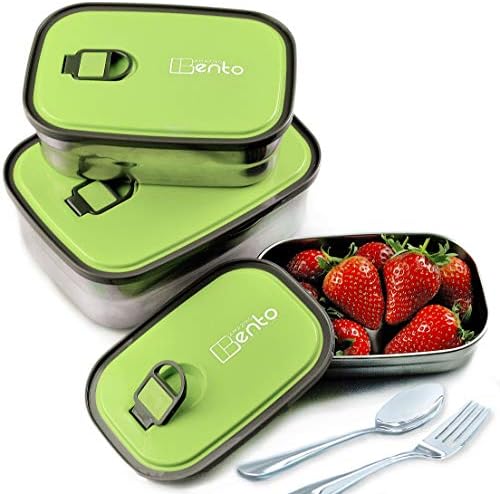 Best Stainless Steel Bento Lunch Box for Kids & Adults, Leak Proof Food Containers, Storage Set 3 in 1 with Lids Includes FREE Cutlery & Recipes E-book