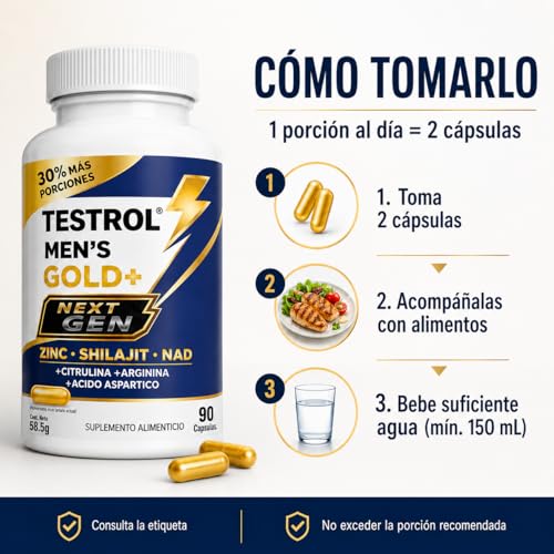 TESTROL GOLD + Next Gen, Suplemento para Hombres con Zinc, Shilajit, NAD, Magnesio, Arginina, Citrulina y Ácido Aspártico, 90 Cápsulas.