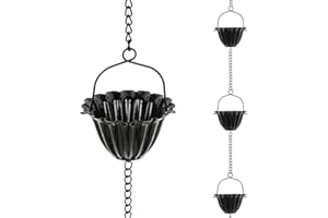Qipade 8.96FT Rain Chain, 12 Thick Iron Flower Cups Rain Chains for Gutters, Adjustable Rain Catcher Chain for Eaves Drainage，Black Lotus Rain Chain with Rust -Resistant Powder Coating