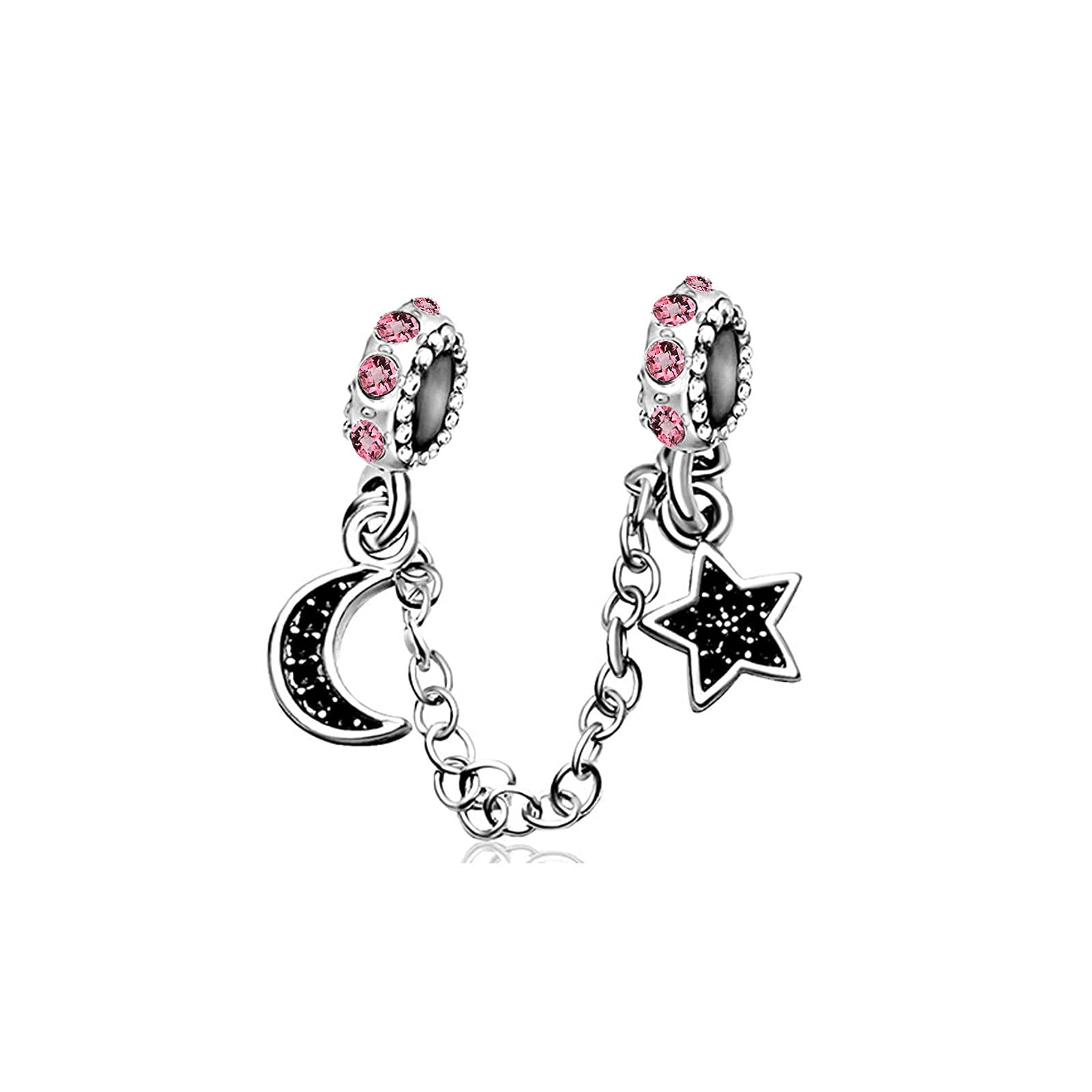 KunBead Jewelry Pink Crystal Safety Chain Moon Star Charms for Charm Bracelets