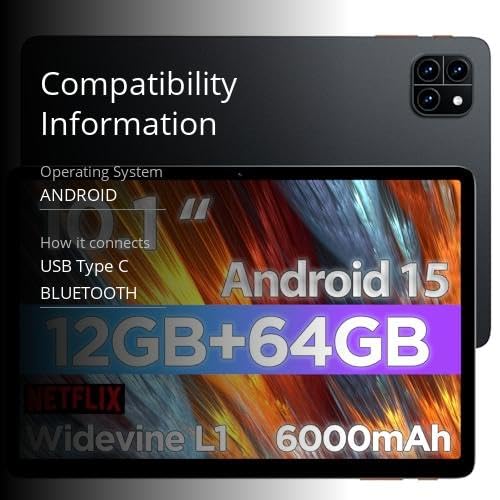 Android Tablet, 10.1 inch Android 15 Tablet with Octa-core Processor RAM 12GB ROM 64GB(Up to 2 TB), 800x1280 Resolution, WiFi 6 & Bluetooth, Dual Speakers, 5MP+8MP, 6000mAh, Tablets 2025