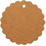 LWR CRAFTS 100 Hang Tags Scalloped Round with Jute Twines 100ft (2", Kraft)