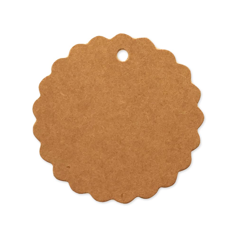 LWR CRAFTS 100 Hang Tags Scalloped Round with Jute Twines 30m (5cm, Kraft)