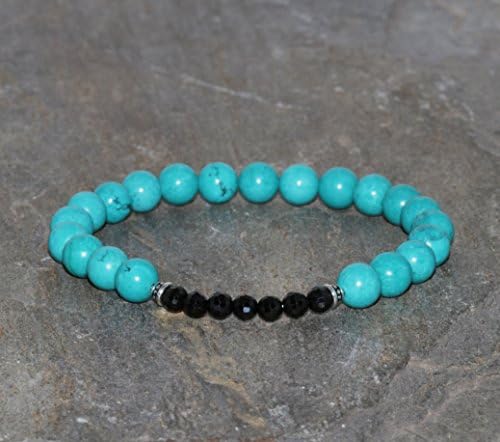 Howlite Turquoise & Black Tourmaline Bracelet 6mm Howlite Turquoise and 4mm Faceted Tourmaline Natural Round Gemstone Beaded Bracelet Unisex