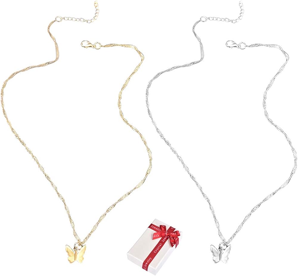 Ceqiny 2pcs Butterfly Necklace Clavicle Chain Necklace Silver Chain Necklace Vintage Choker Necklace Alloy Necklace Friendship Sister Partner Birthday Gifts for Women Girls, Gold and Silver: Clothing