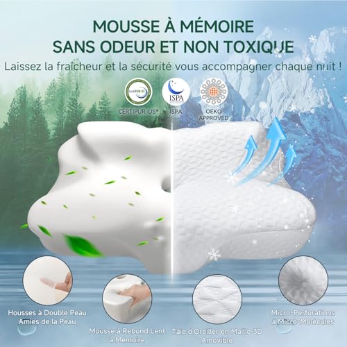 TESQ Ergonomic 2-in-1 Cervical Pillow in Memory Shape Pillow, Superior Comfort for Side and Back Sleepers, Adjustable Height, 50% Nylon 50% Washable Polyester, 60 x 40 x 9/12 cm