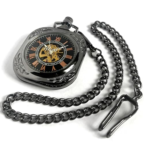 VIGOROSO Mens Classic Steampunk Pocket Watch with Chain Skeleton Hand Wind Mechanical Pocket Watches for Men & Women
