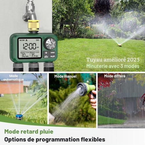 3 Way Water Timer with Brass Inlet, Large LCD Display, Automatic Watering for Garden, Programmable Irrigation, Simple Use, Rain Delay Manual Watering for Garden