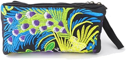 3 Zippers Embroidery Wristlet Wallet for Womens Cosmetic Bag (Birds)