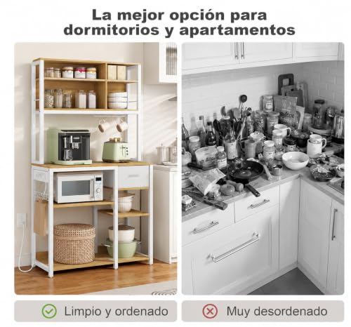 NEWBLUE Alacenas para Cocina, Ajustables Estante para Microondas de Cocina con Enchufes y 12 Ganchos, Cajón de Tela, Muebles para Microondas Mueble para Sala, Cafetería