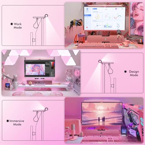 Quntis Computer Monitor Light Bar Curved with Remote & Backlight for Eye Caring, 40cm Pink Screen Light Bar Stepless Dimming Hue Adjustment, No Glare Monitor Lamp as Gift for Girls Game Work Desk Lamp