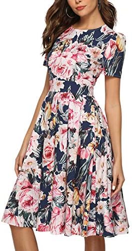 JOJJJOJ Women's 50s Floral Cocktail Vintage Retro Dresses Elegant Midi Evening Dress 3/4 Sleeves
