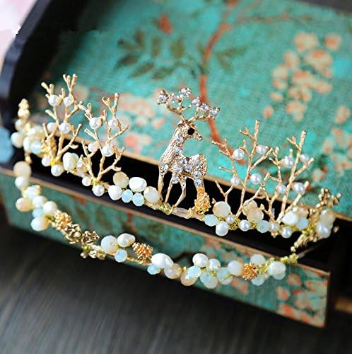 WWJ Women's Golden deer pearl crystal hair hoop/ crown/bride headdress/ annual party/ wedding gown accessories , golden