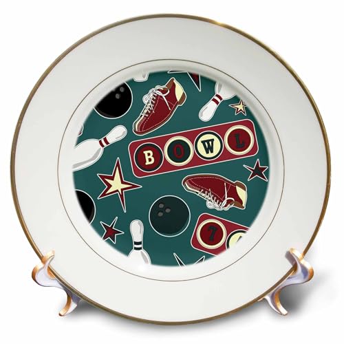 3dRose cp_172145_1 Retro Bowling Print Porcelain Plate, 8"