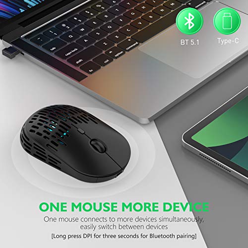Type C Wireless Bluetooth Mouse, RAPIQUE Dual Mode Rechargeable Silent Cordless Bluetooth Mice with 2.4G Type C Receiver for Laptop,MacBook air/pro,iPad pro,Computer and All Type-C Device (Black)