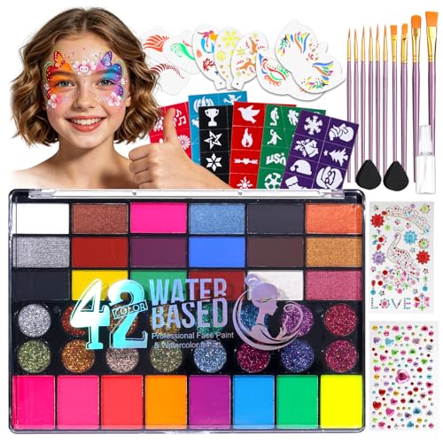 Face Painting Kit for Party, 42 Color Non-Toxic Water Activated Face Paint Palette for Artist Festival Stage Cosplay Birthday Parties Makeup Set with Stencils, Gems, Brushes TA641KIT