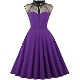 Women High Neck Sheer Mesh Dress Sweetheart Keyhole Front Sleeveless Contrast Color Block A Line Flared Party Dress Vintage Cocktail Dresses for Women Wedding Formal Short Bridesmaid Dress Purple L