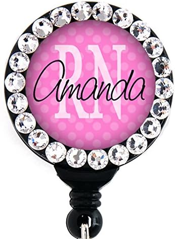 Retractable Badge Reel - RN Pink with Swarovski Rhinestones - Personalized Name - Badge Holder
