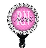 Retractable Badge Reel - RN Pink with Swarovski Rhinestones - Personalized Name - Badge Holder